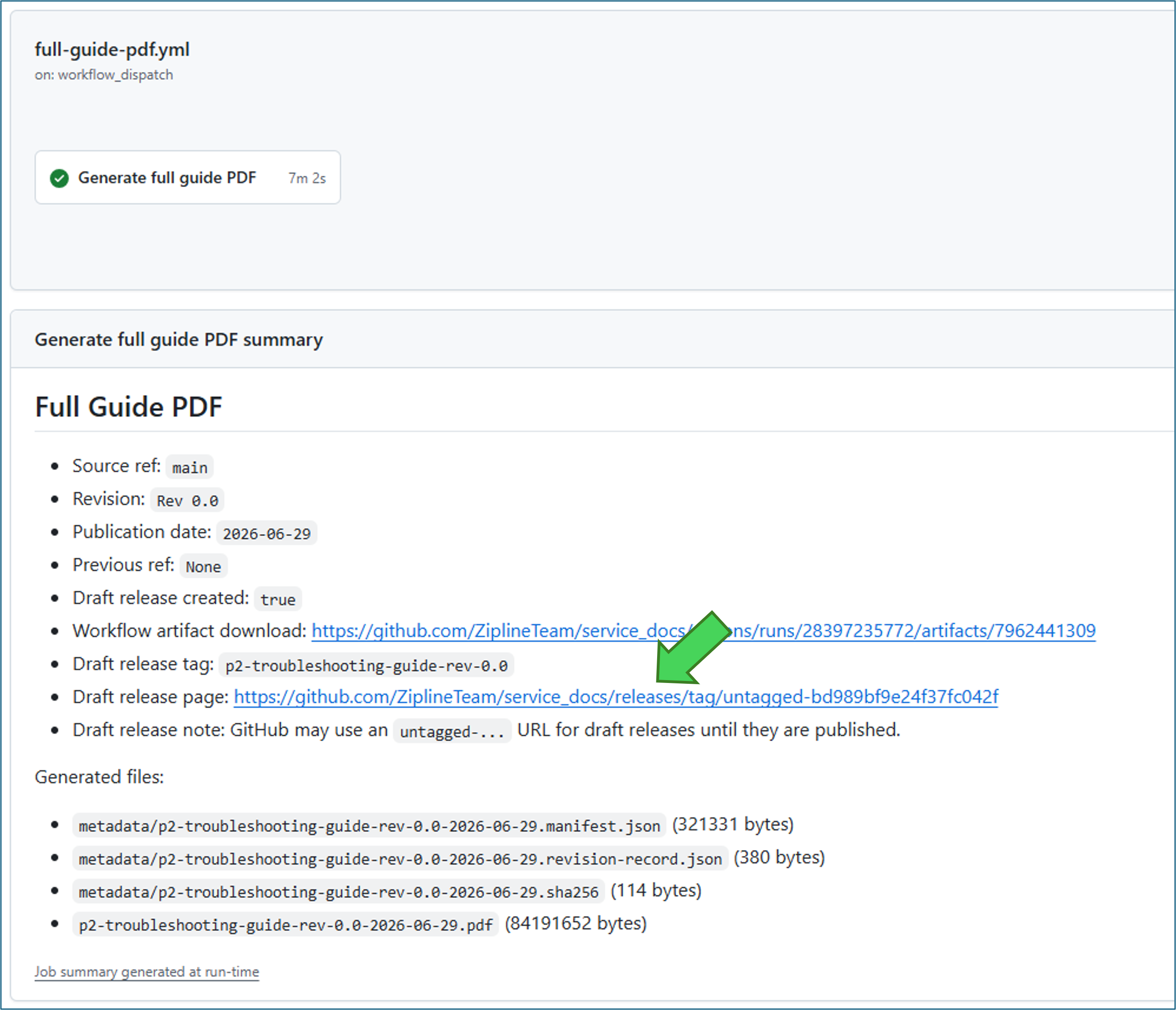 Workflow summary Full Guide PDF section showing the Draft release page hyperlink