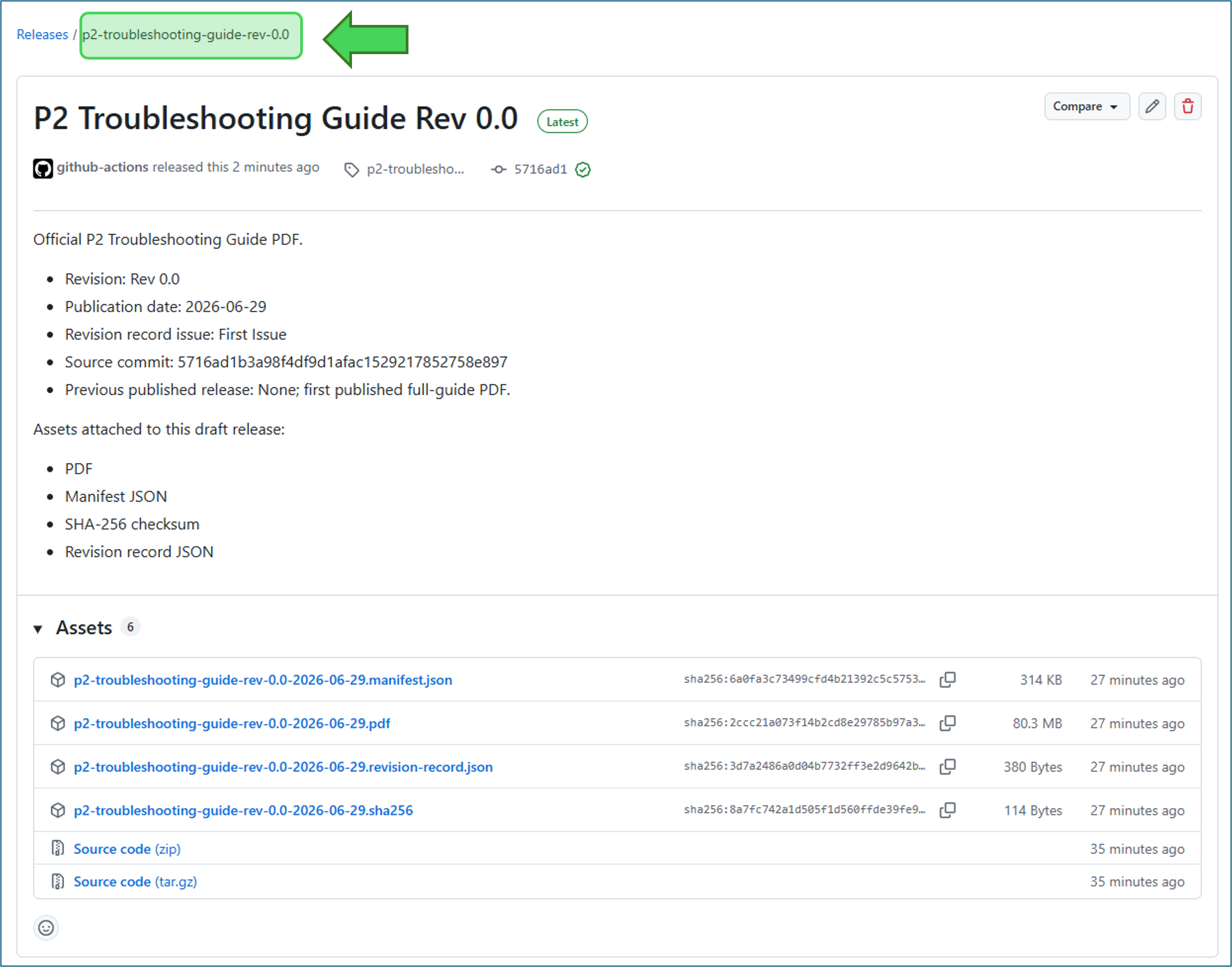 GitHub release page showing the release tag name