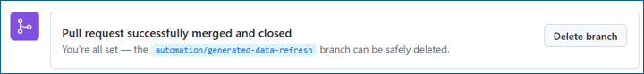 Delete branch button on a merged generated-data pull request