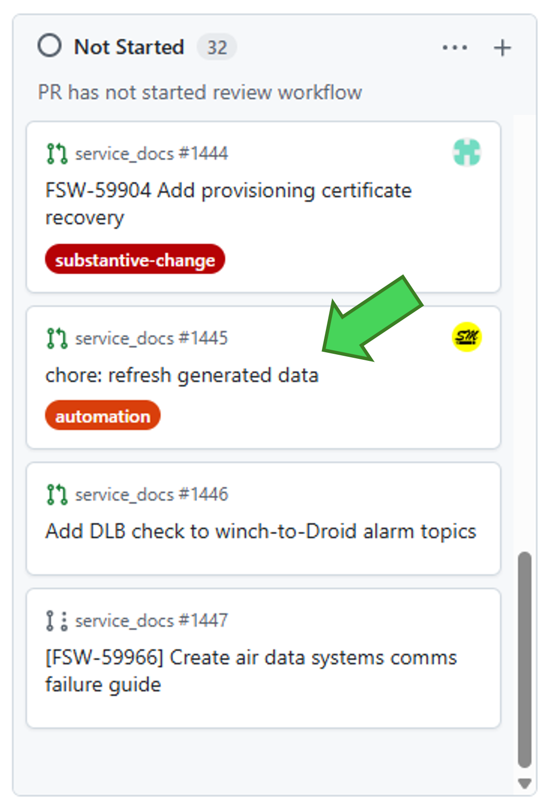 Refresh generated data pull request in the Not Started column of the Review Workflow table