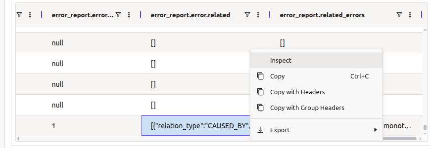 Baraza data table Inspect menu for error_report.related