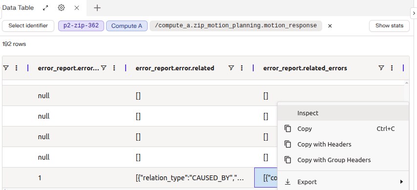 Baraza data table Inspect menu for error_report.related_errors