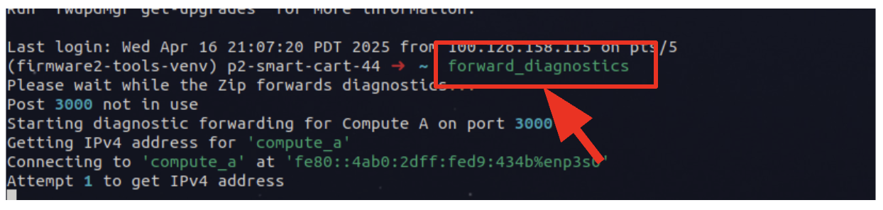 Terminal showing Starting diagnostic forwarding for Compute A port 3000