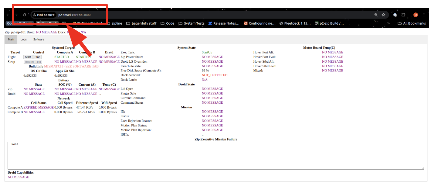 Diagnostic page opened in a browser from a Dock URL