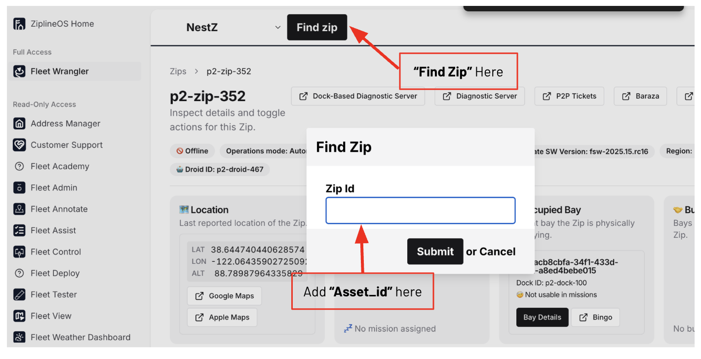 Find Zip popup with the Zip ID field highlighted