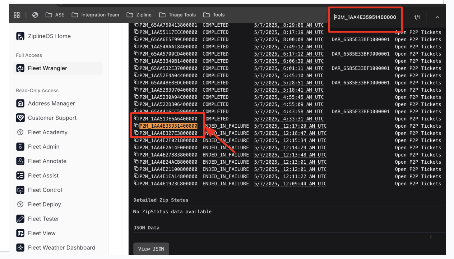 Mission search results with the failed mission ID highlighted