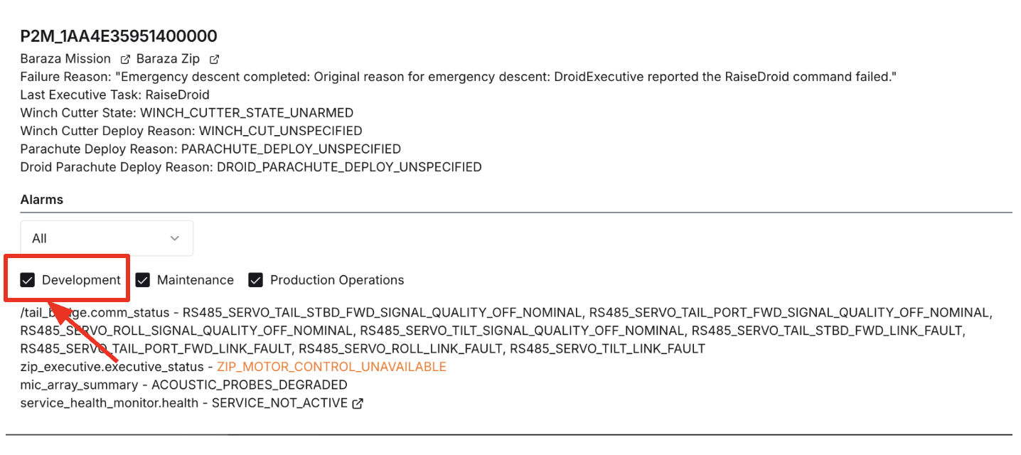 Development alarm filter selected in the mission alarm report view