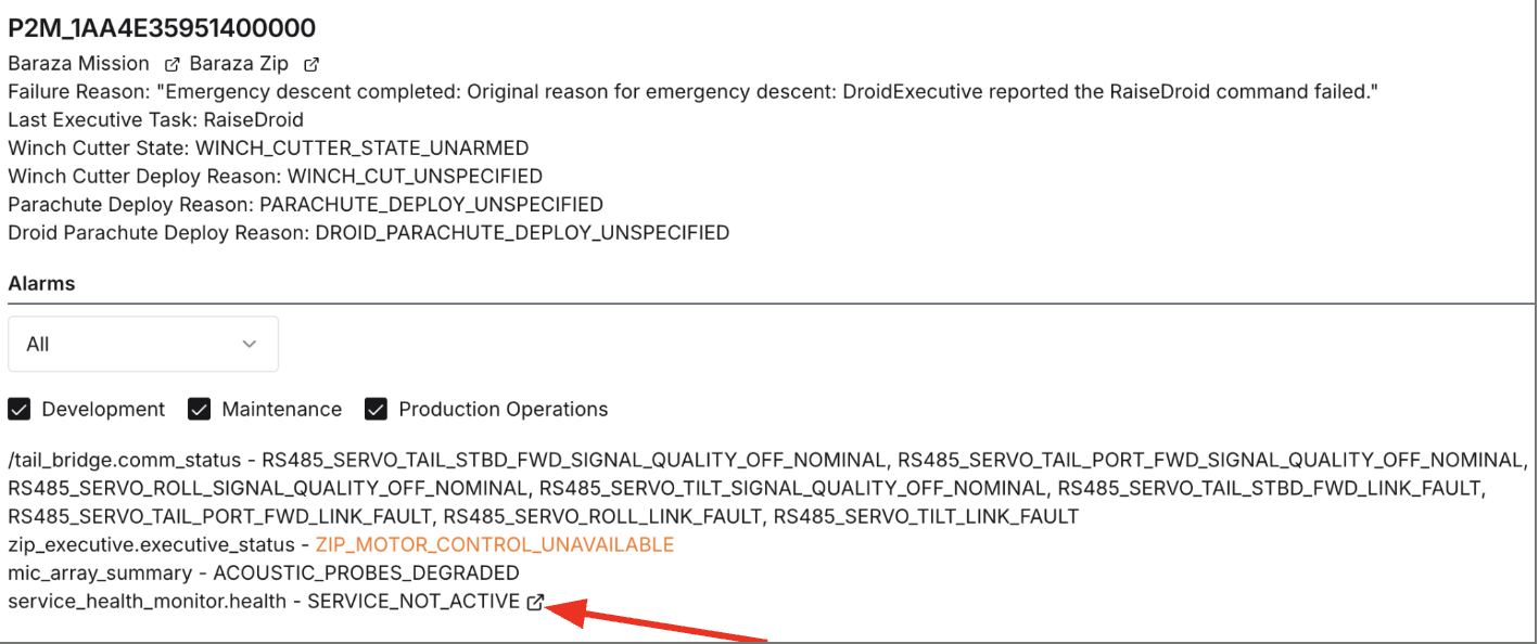 External-link icon highlighted next to an alarm name