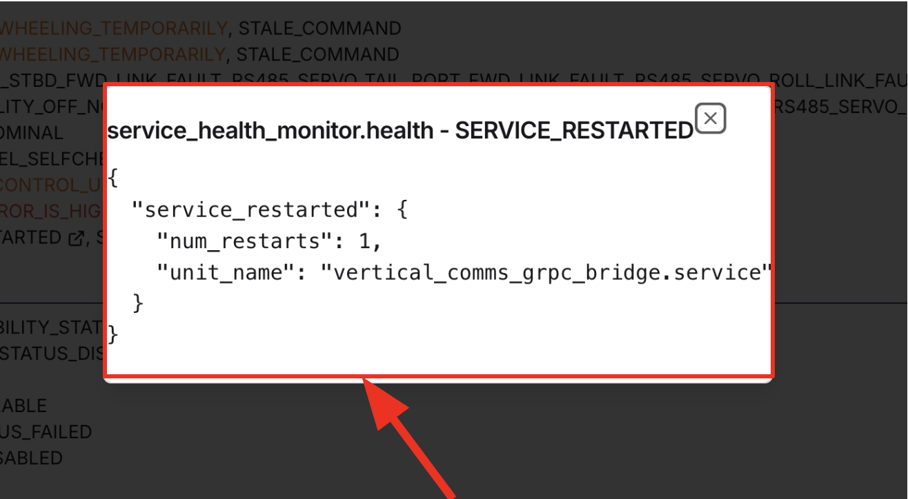 Example alarm report modal with service restart details