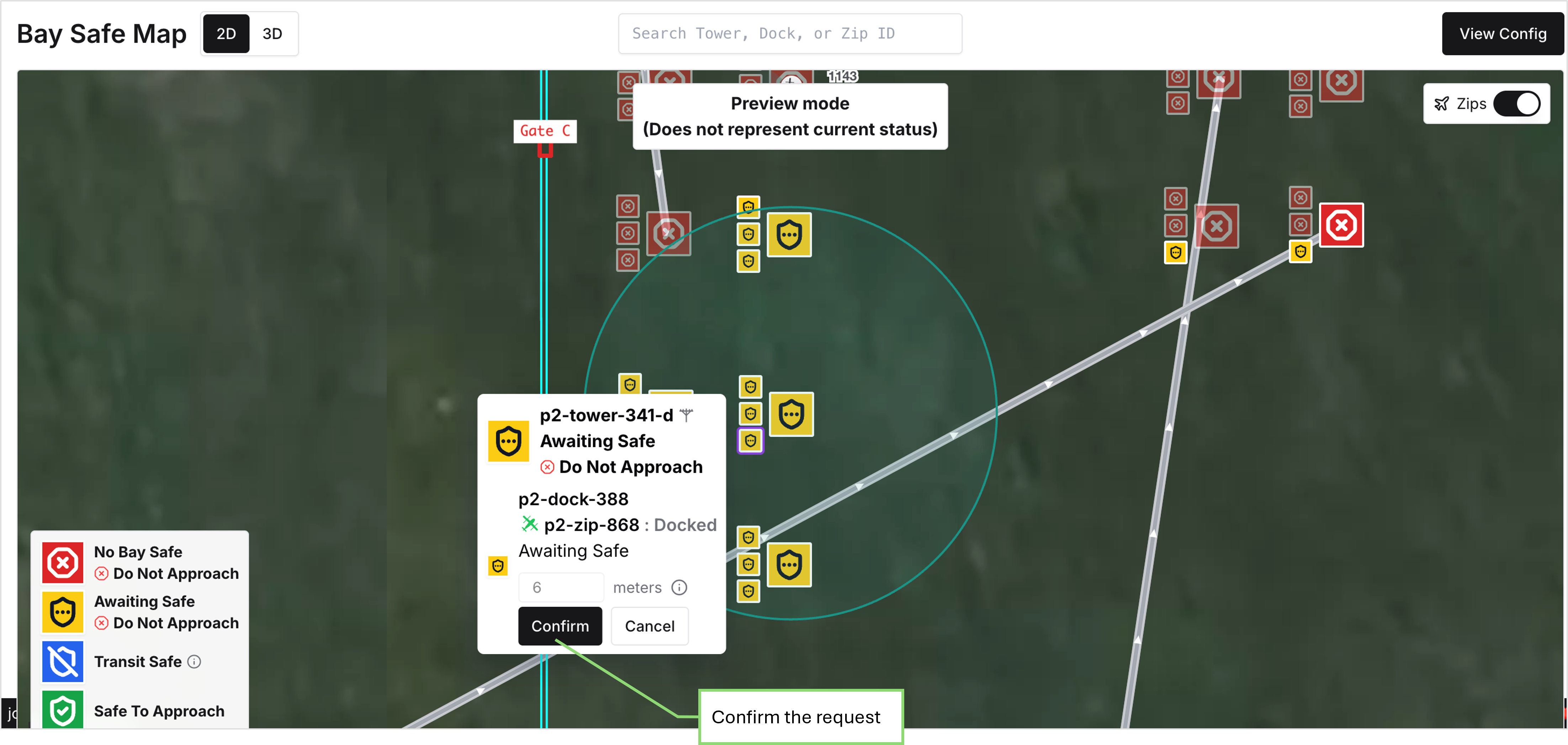 Bay Safe request preview showing the selected bay, additional coverage, and Confirm button