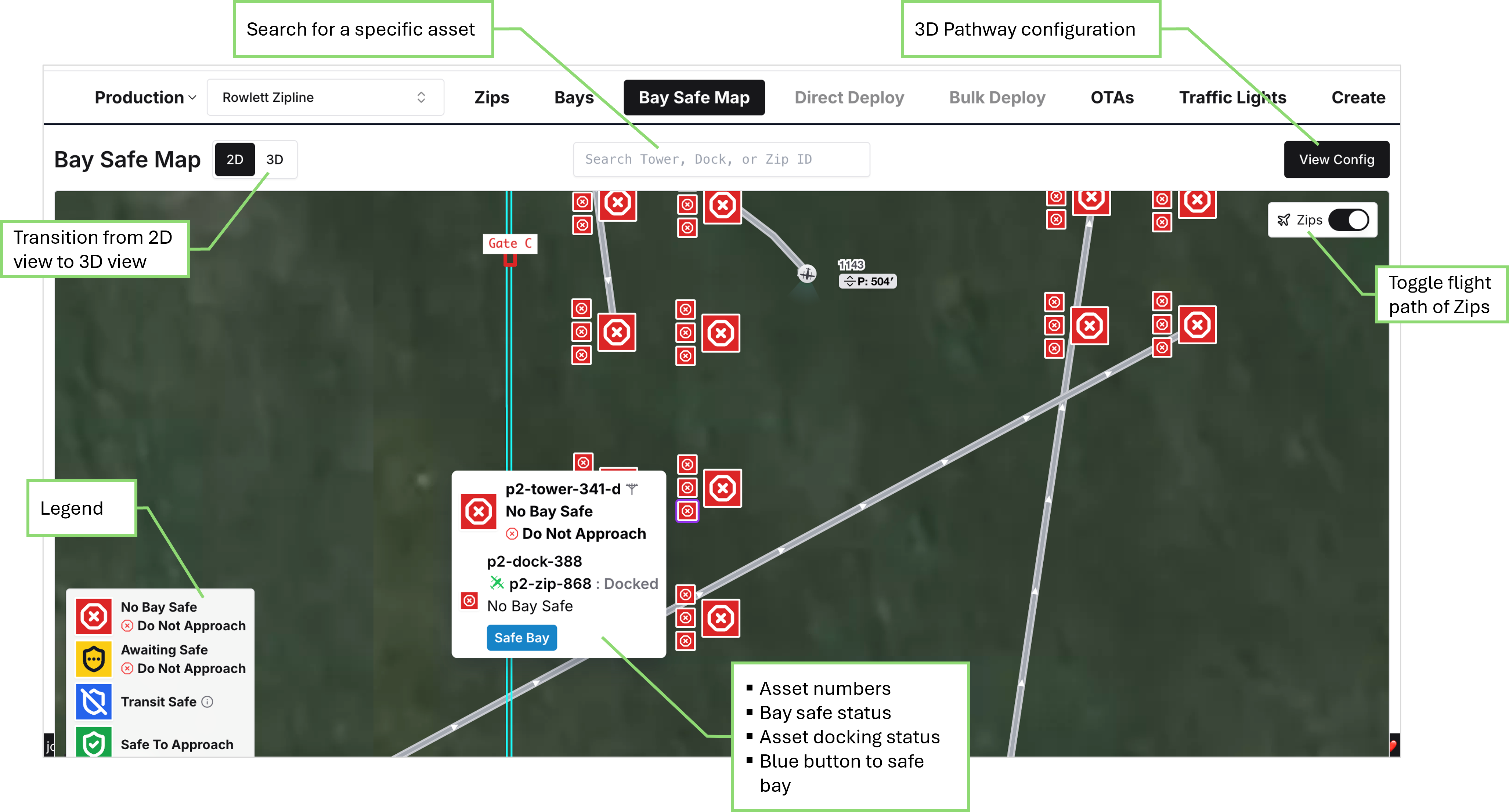 Fleet Wrangler Bay Safe Map overview with callouts for search, map views, configuration, flight paths, legend, and selected bay details