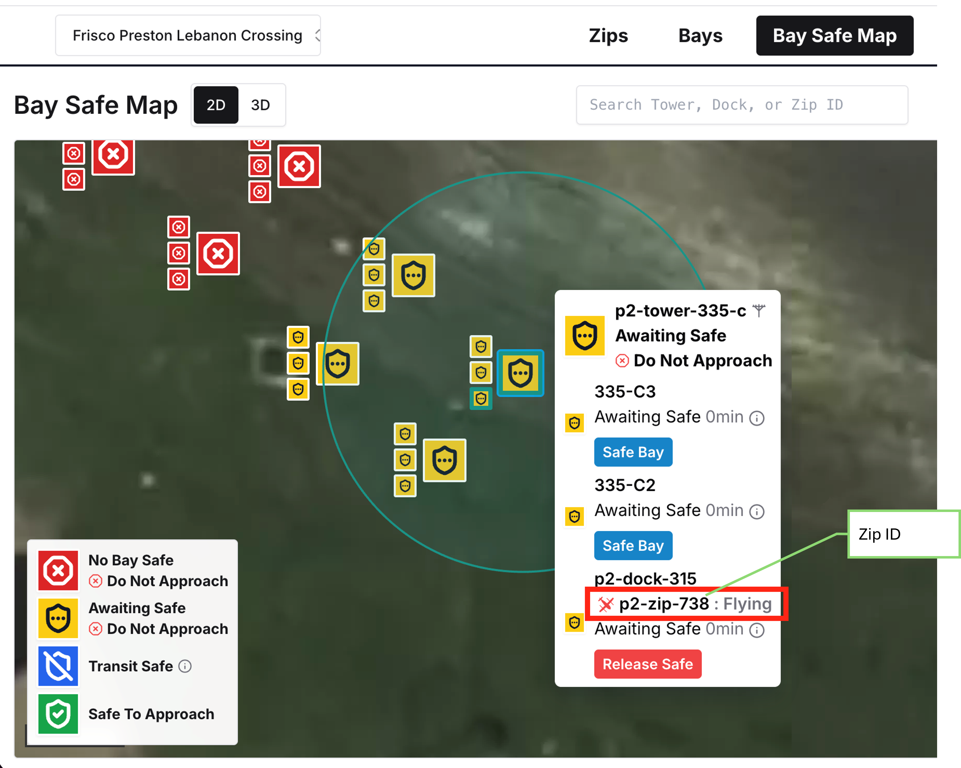 Bay Safe Map tooltip identifying p2-zip-738 with Flying status while the bay is Awaiting Safe