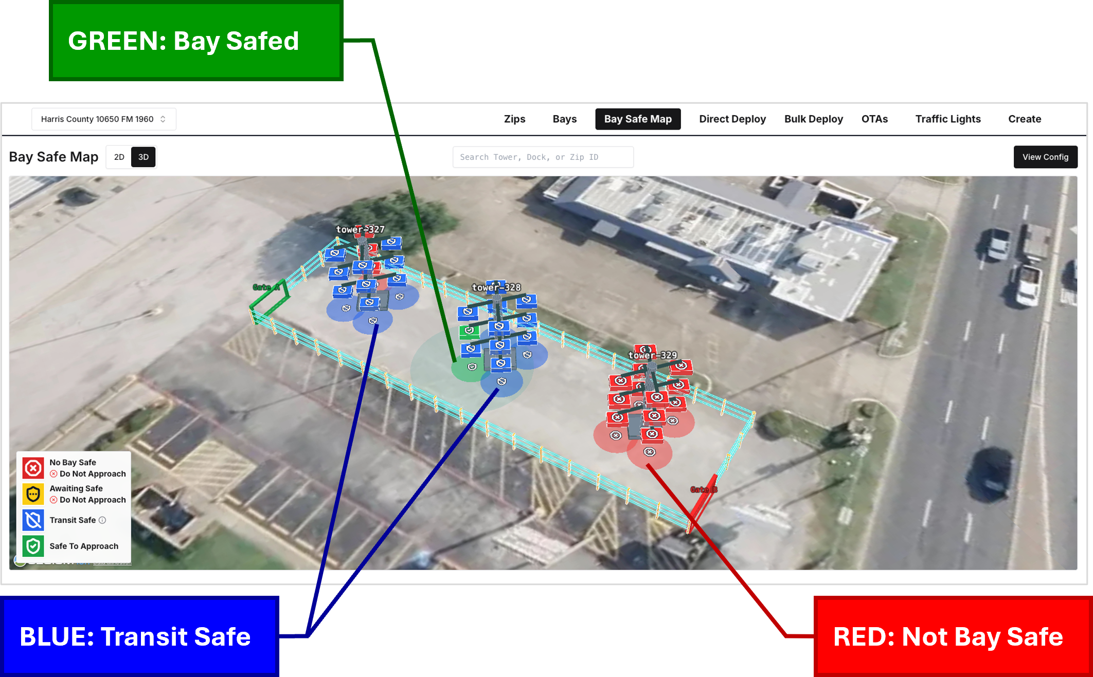 Bay Safe map showing a green primary bay, blue transit-safe bays, and red bays that are not safe to approach