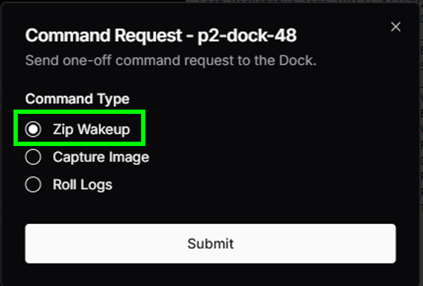 FleetWrangler Command Request modal with Zip Wakeup selected