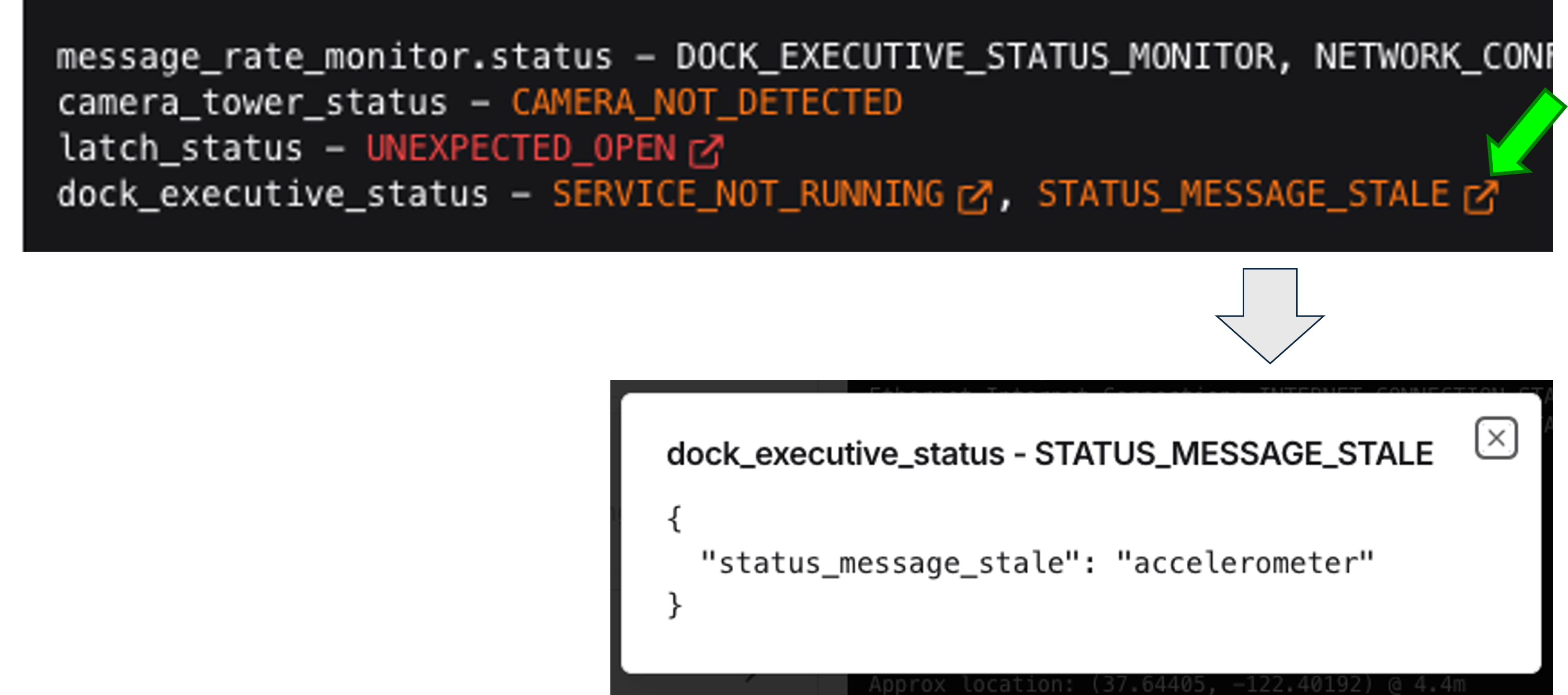 Dock alarm report example showing additional service status details