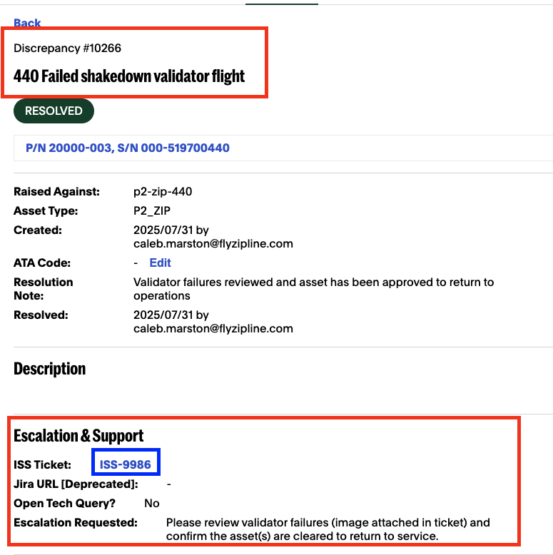 Discrepancy example showing a failed shakedown validator flight and escalation request