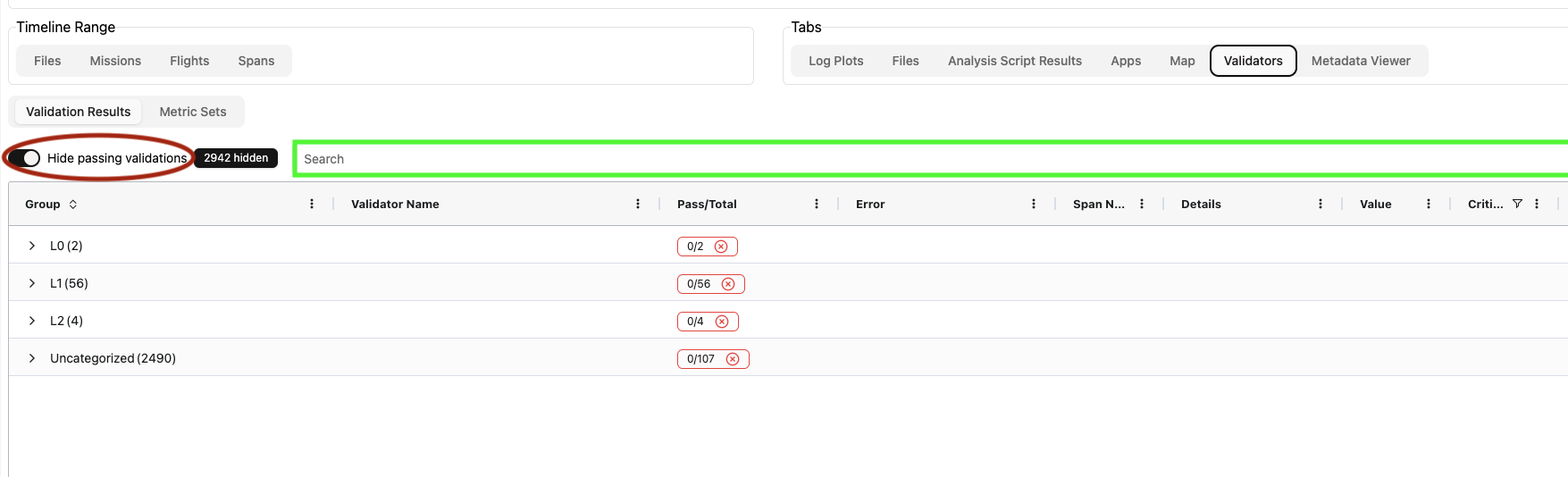 Baraza validator table with Hide passing validators and Search highlighted