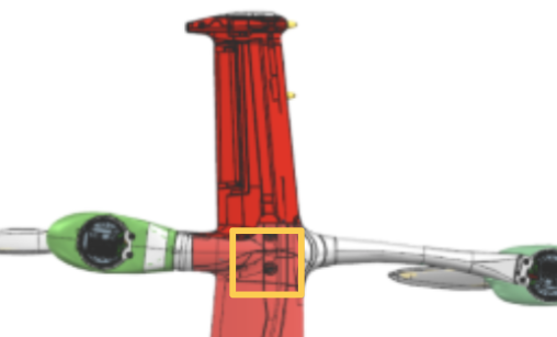 Close-up of M5 connector and wing assembly joint flex location