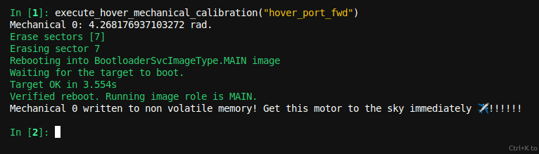 motor-client2 output showing a successful hover mechanical calibration