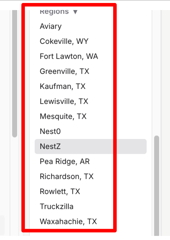 Regions list in Fleet View