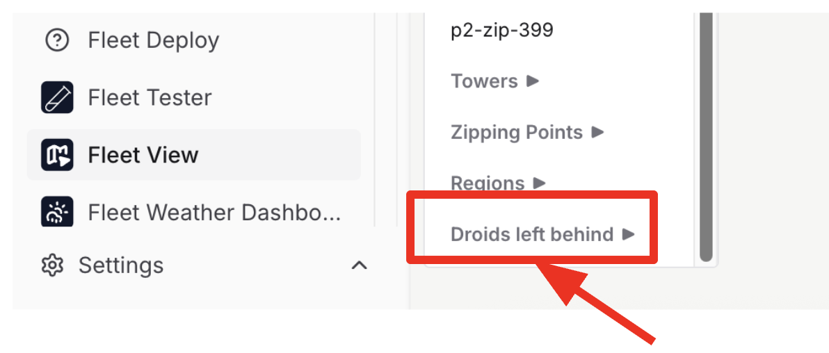 Droids left behind menu option highlighted in Fleet View