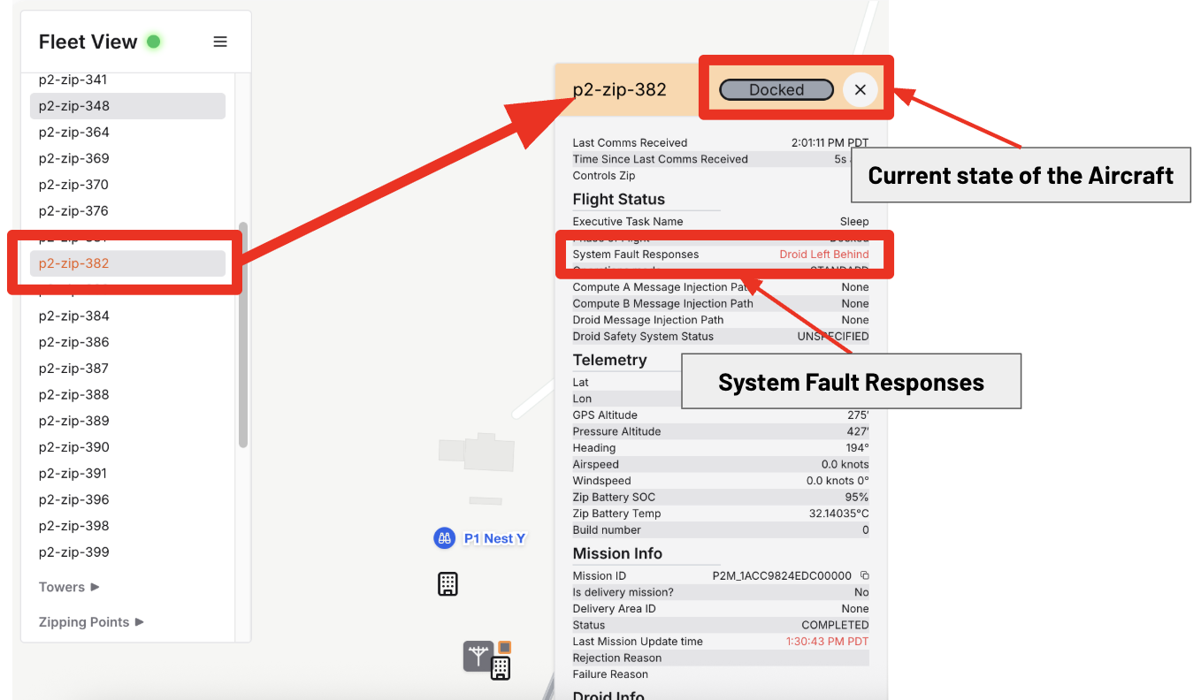 Fleet View showing Droid Left Behind in System Fault Responses
