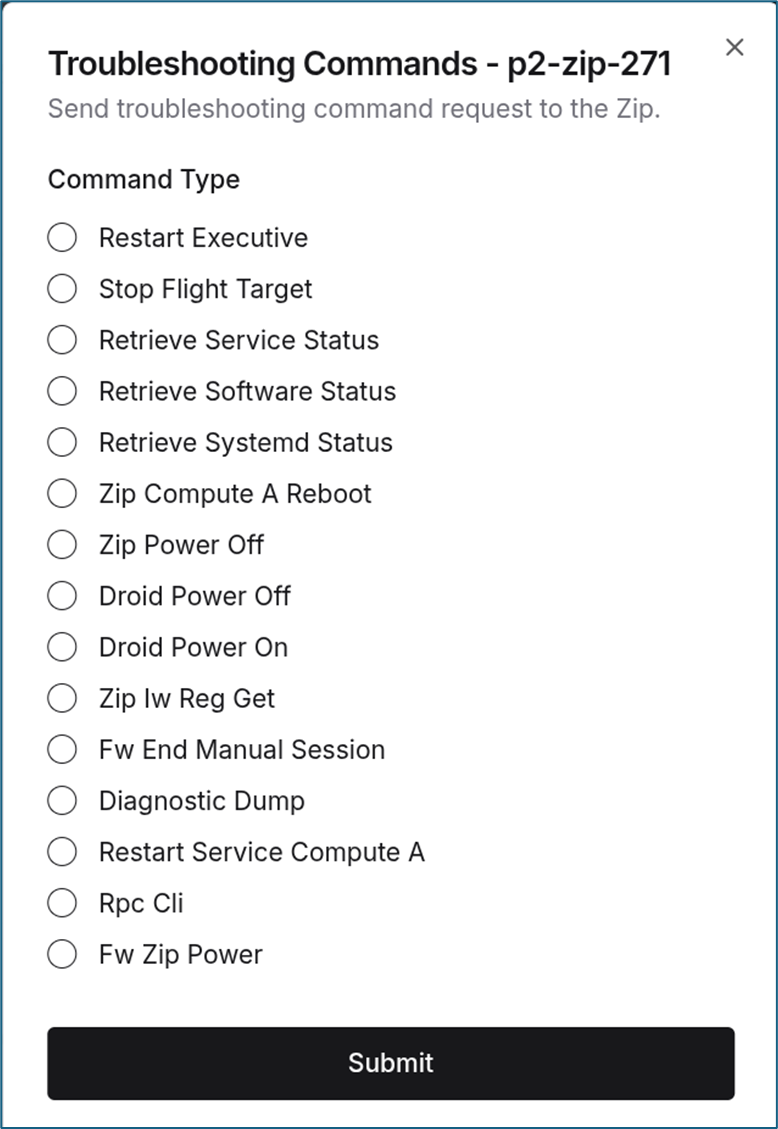 Troubleshooting Commands modal command list
