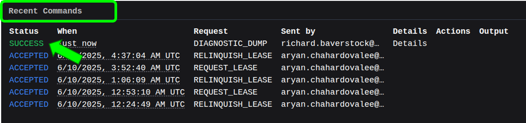 Recent Commands status