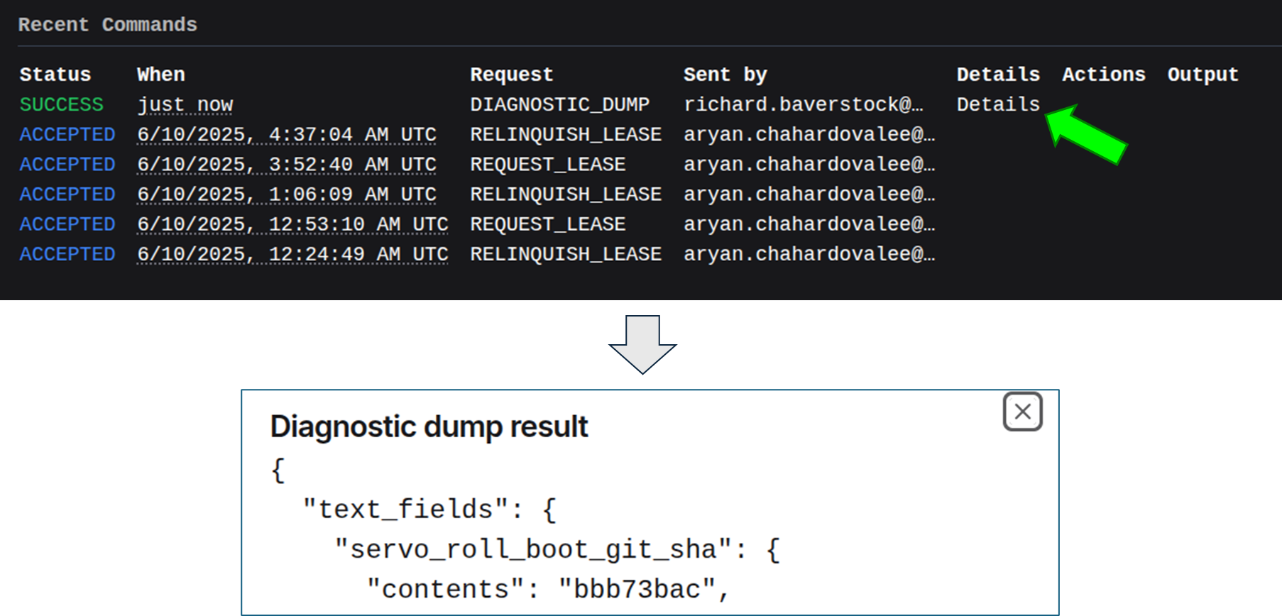 Recent Commands Details response