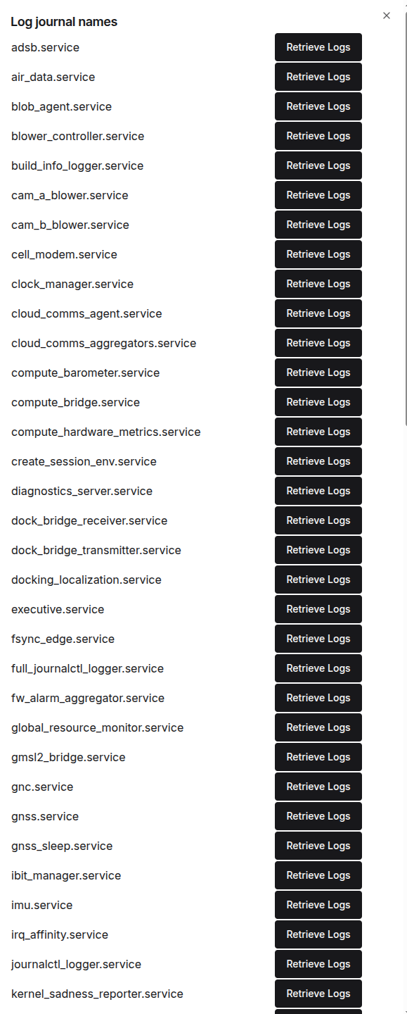Log journal names and Retrieve Logs buttons