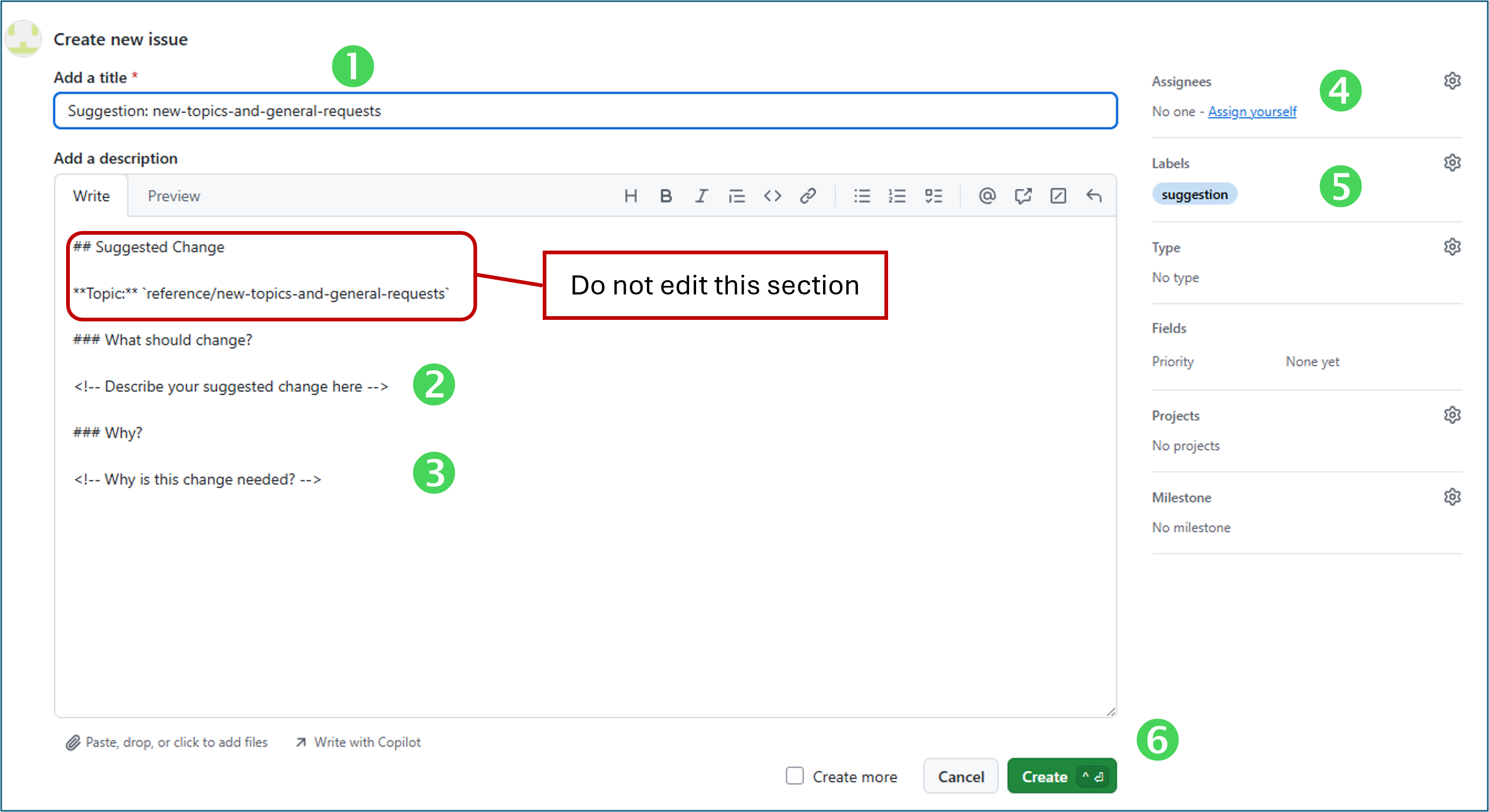 Annotated GitHub issue form for new topics and general requests