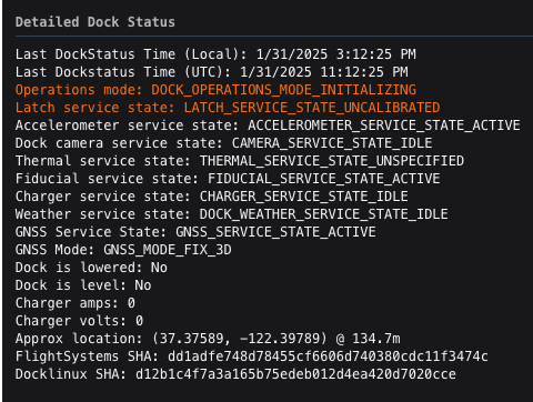 Detailed Dock Status showing latch and fiducial service states