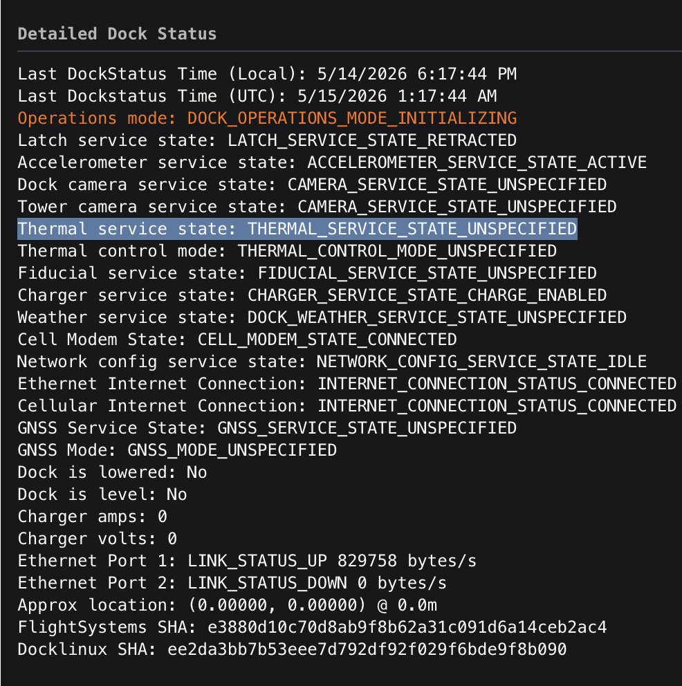 Detailed Dock Status showing thermal service state unspecified