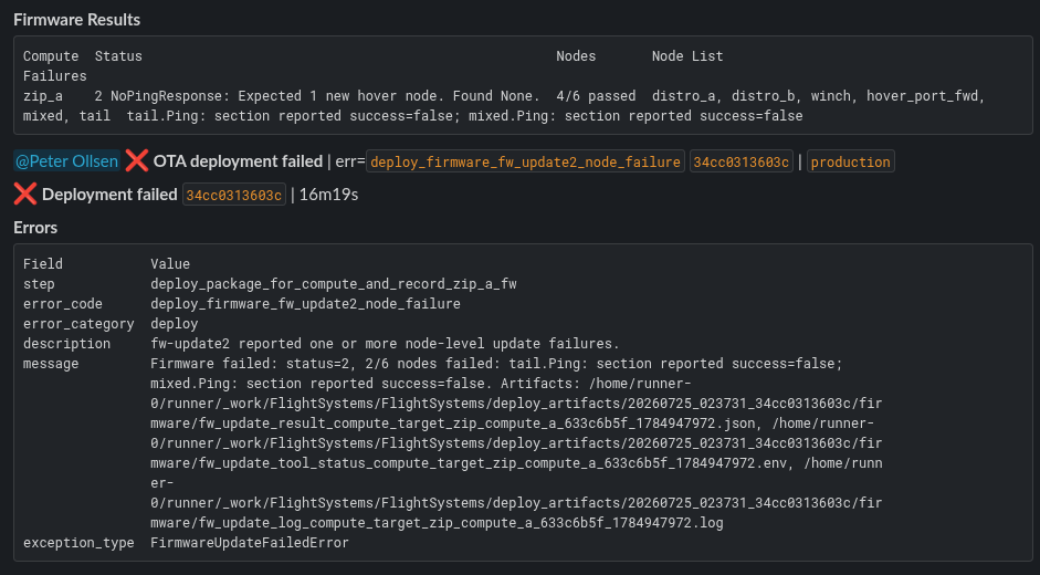 Slack Firmware Results table and error payload for a firmware node failure with explicit ping failures