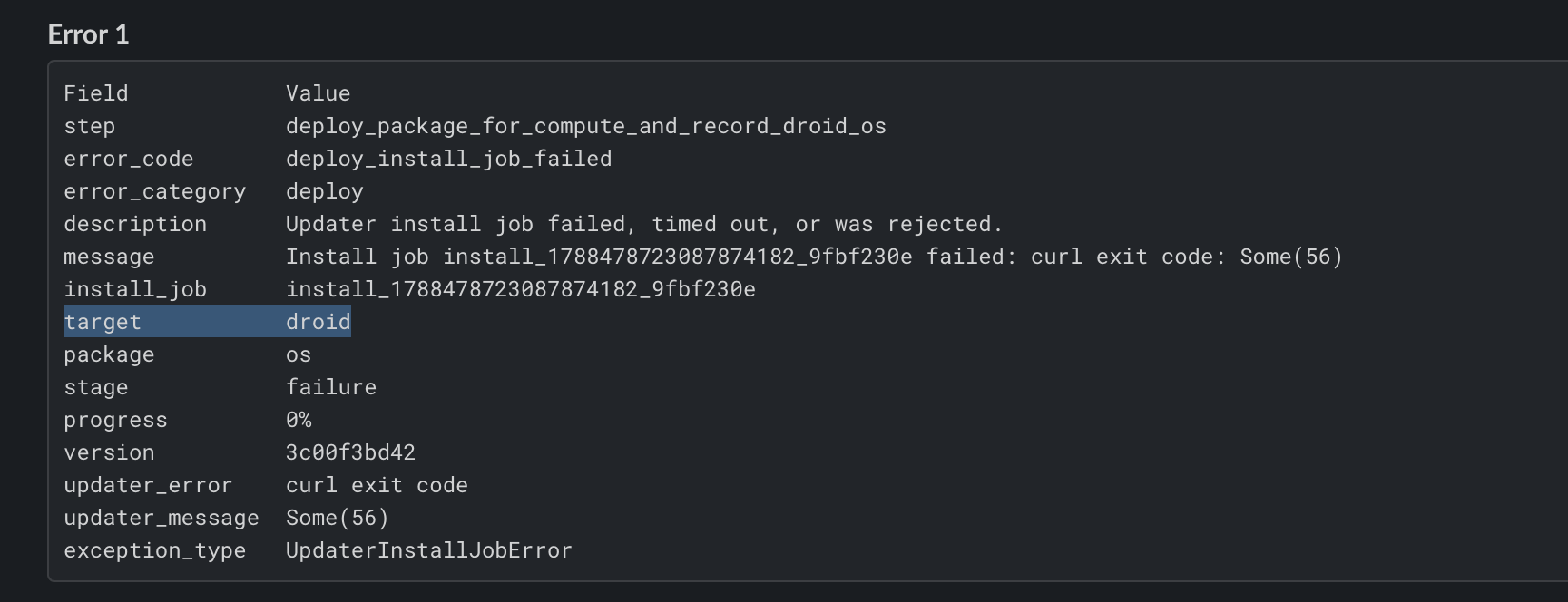 Example Slack failure summary with the target field highlighted.