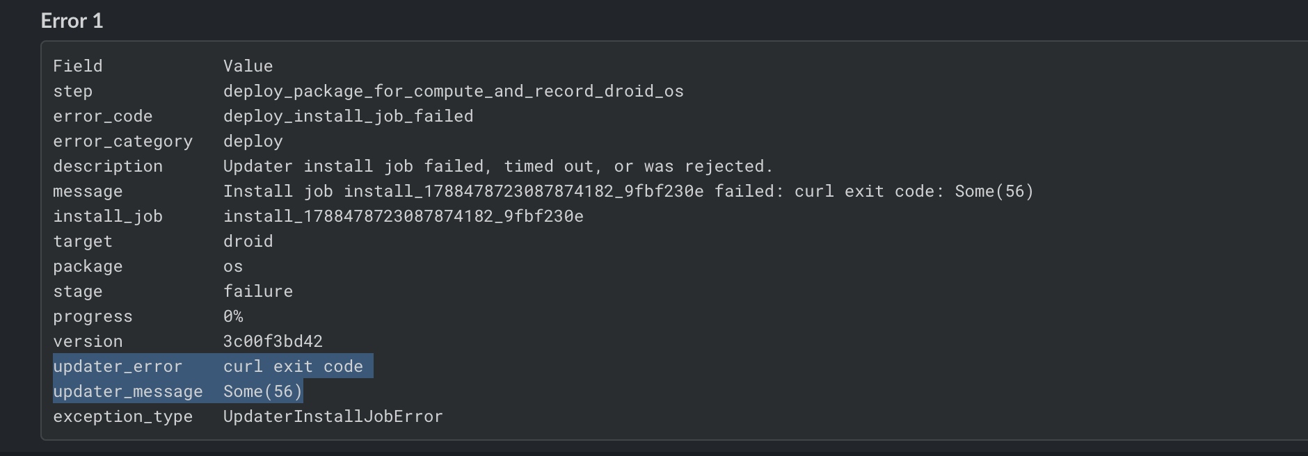 Example Slack failure summary with updater_error and updater_message highlighted.