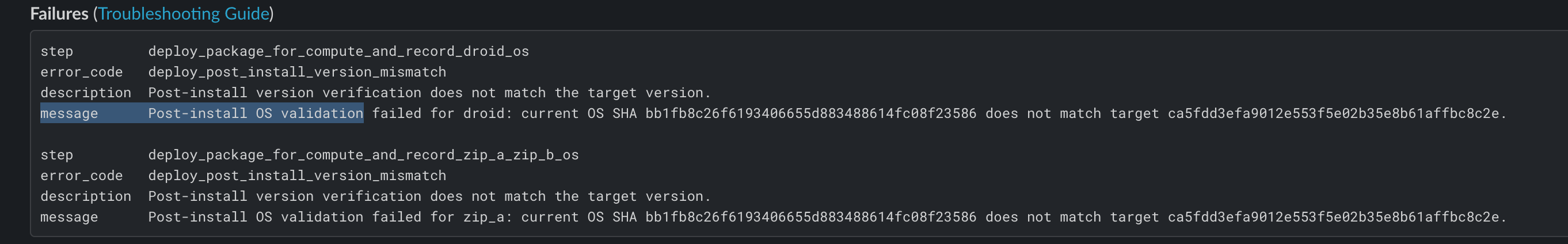 Example deploy message showing Post-install OS validation