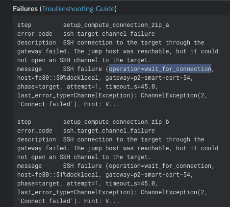 Example OTA failure details showing operation=wait_for_connection.