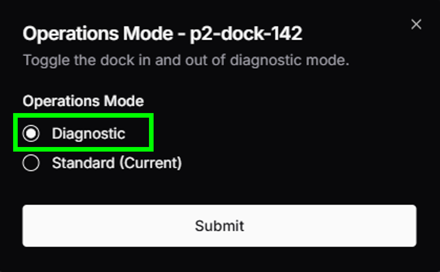 Dock Operations Mode Diagnostic option