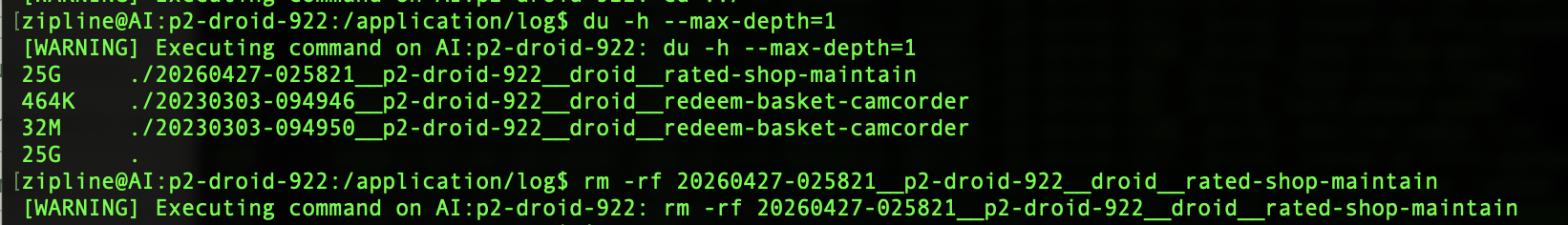 Terminal output showing a 25G Droid log directory to delete