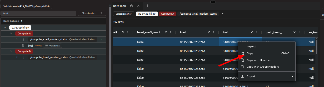 Copy the IMSI value from the data table