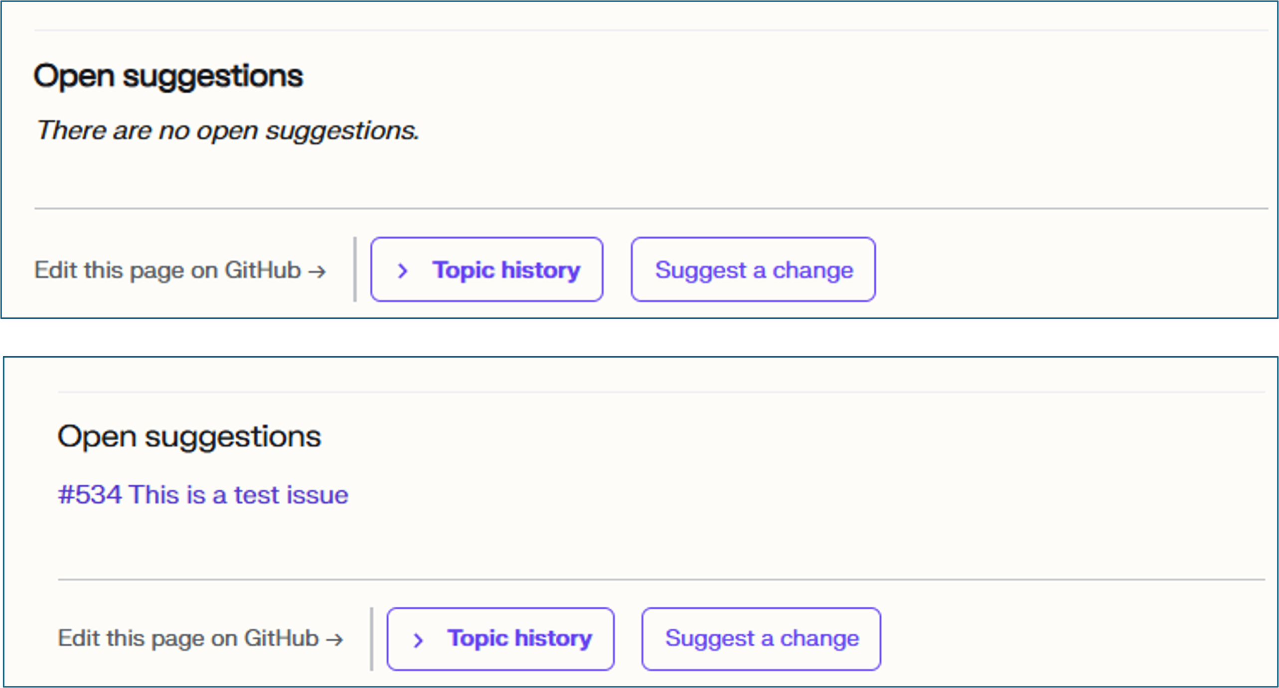 Open suggestions section with examples for no open suggestions and an open issue