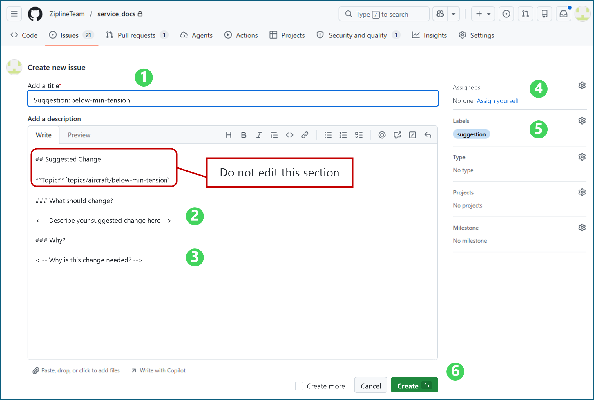 Annotated GitHub issue form for a suggested change