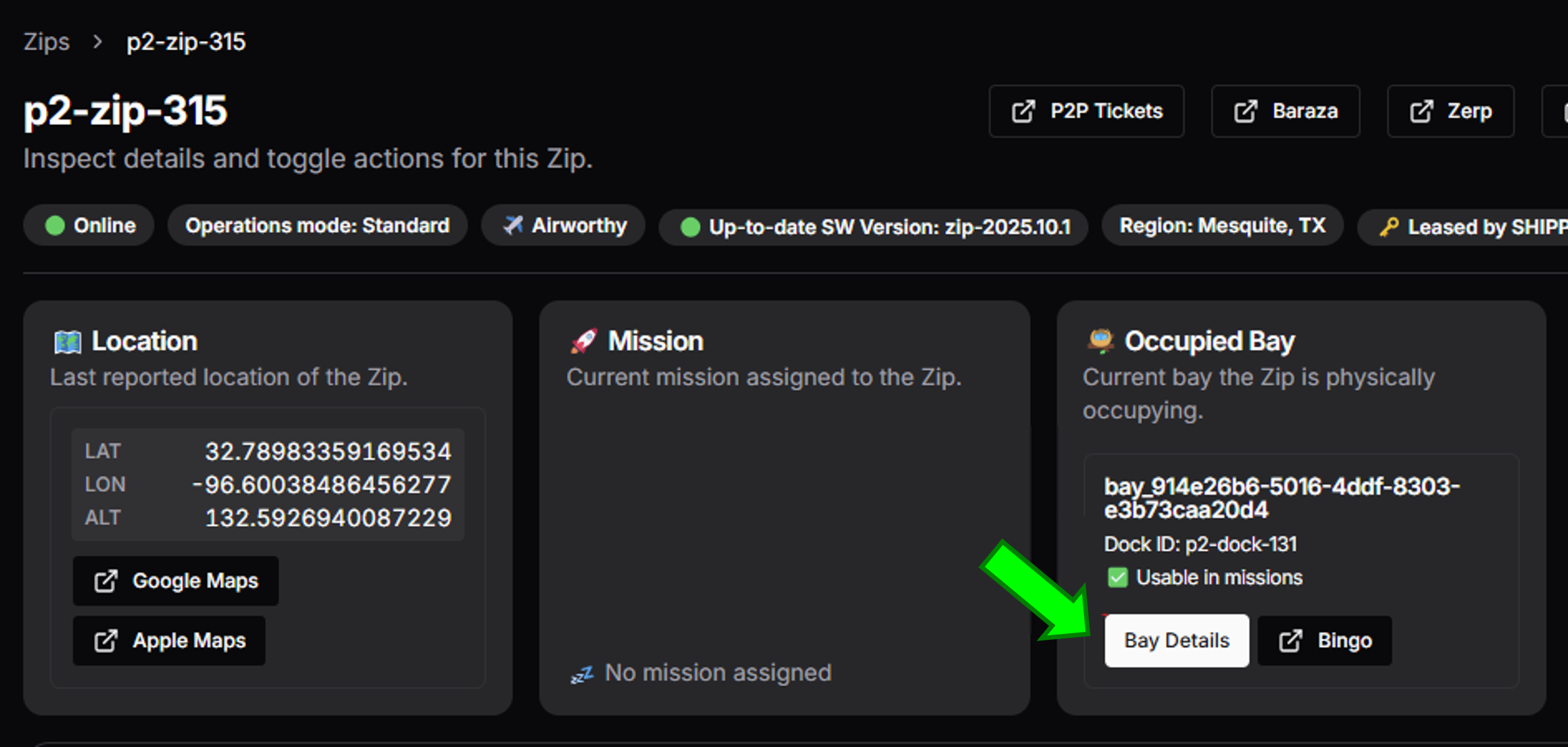 FleetWrangler Aircraft page showing the Bay Details button