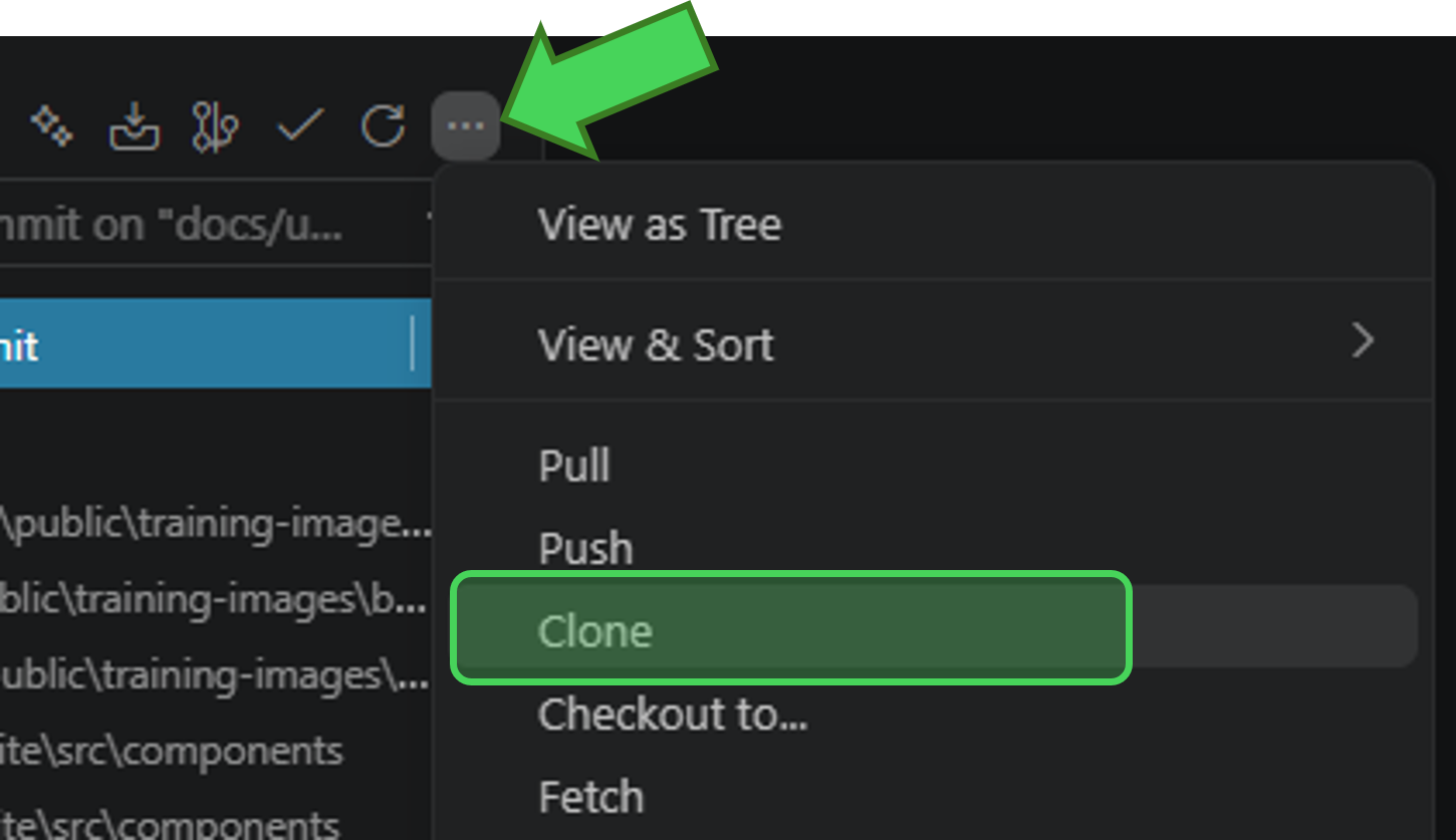 Visual Studio Code Source Control menu with an arrow pointing to the three-dot menu and the Clone option highlighted.