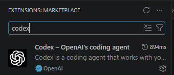 Visual Studio Code Extensions view showing a search for the Codex extension.