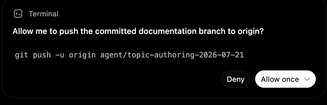 Codex permission prompt asking to push the committed topic-authoring branch to origin with git push -u origin.