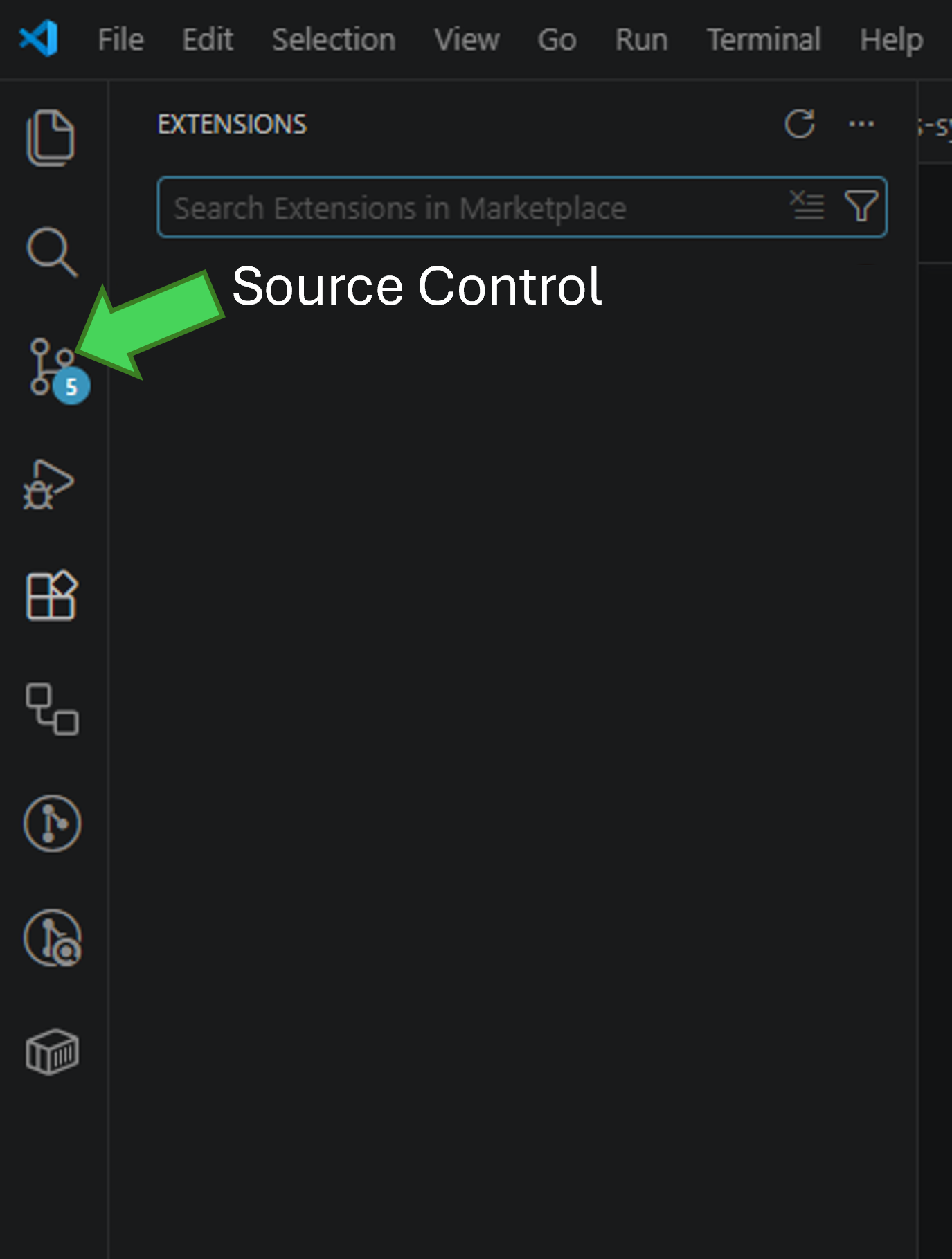 Visual Studio Code Activity Bar with an arrow pointing to the Source Control icon.