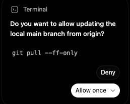 Codex permission prompt asking to run git pull --ff-only to update the local main branch from origin.