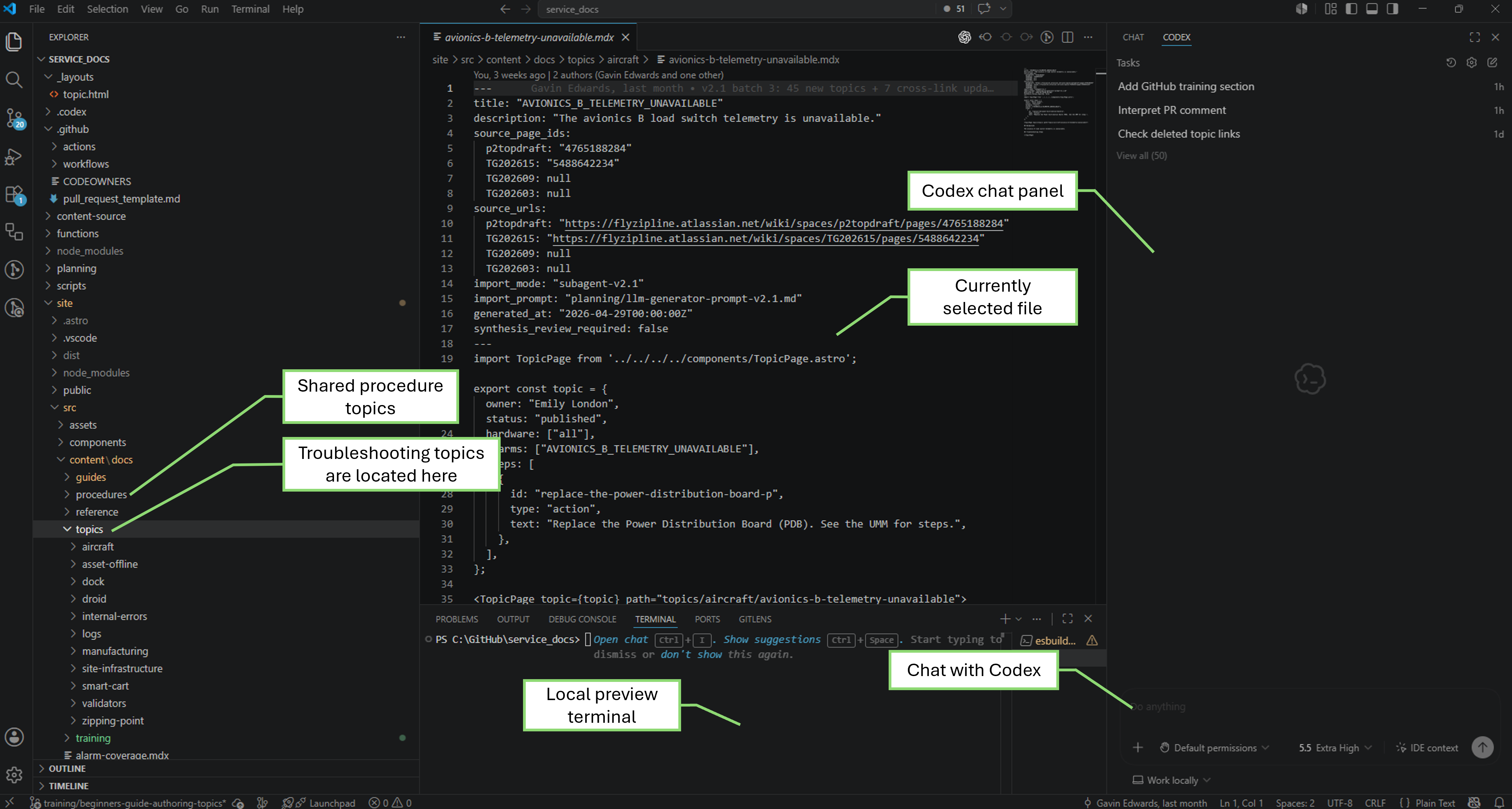 Annotated VS Code authoring workspace with the service_docs repo, local preview terminal, and Codex chat panel open